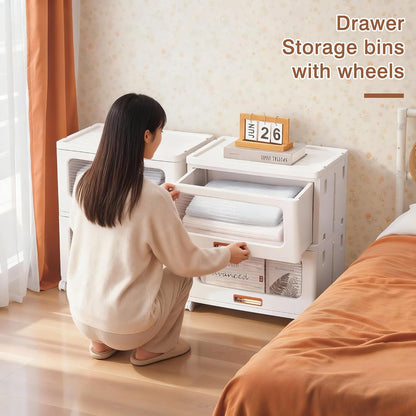 VECELO Plastic Storage Cabinet with Drawers, Stackable Storage Bins with Wheels, Waterproof Bathroom Storage Organizer, Multi-Tier Closet Storage for Bedroom, Living Room, Kitchen, Large 2-Tier