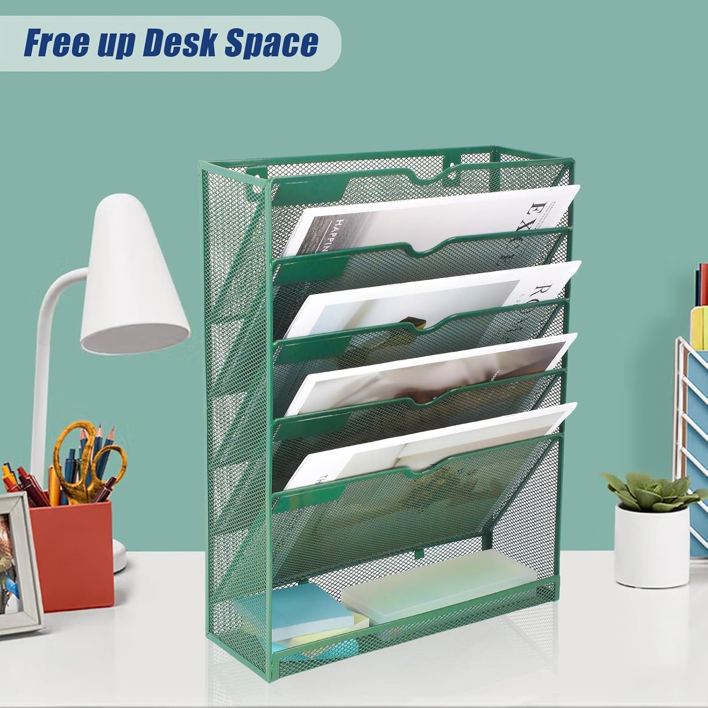 EASEPRES Desk File Organizer Mesh 6-Tier, Hanging Wall Mount Document Organization Stand, Desktop Vertical Mail Paper Folder Holder Rack with Bottom Tray for Office Home Cubicle Countertop, Black