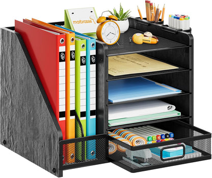 Marbrasse Desk Organizer with File Holder, 5-Tier Paper Letter Tray Organizer with Drawer and 2 Pen Holder, Mesh Desktop Organizer and Storage with Magazine Holder for Office Supplies(Black)