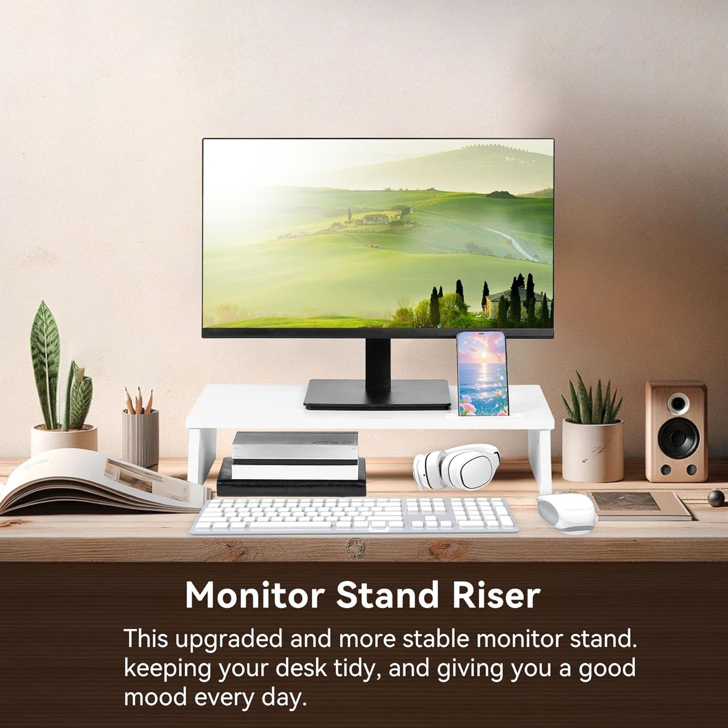 Qupui Computer Monitor Stand Riser with Drawer and Pen Holders, Desk Organizer Shelf and Accessories, Office Desk Accessories, Office Organization, Black