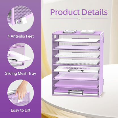 DALTACK 9-Tier Paper Organizer for Desk, Mesh Letter Tray Desk Organizer with Handles, Space-Saving File Organizer for Office Home School Classroom, Black