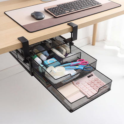 Cedilis Under Desk Drawer Organizer Slide Out, 2-Tier Metal Under Table Storage Drawers Clamp On for Home Office, Black, No Drilling