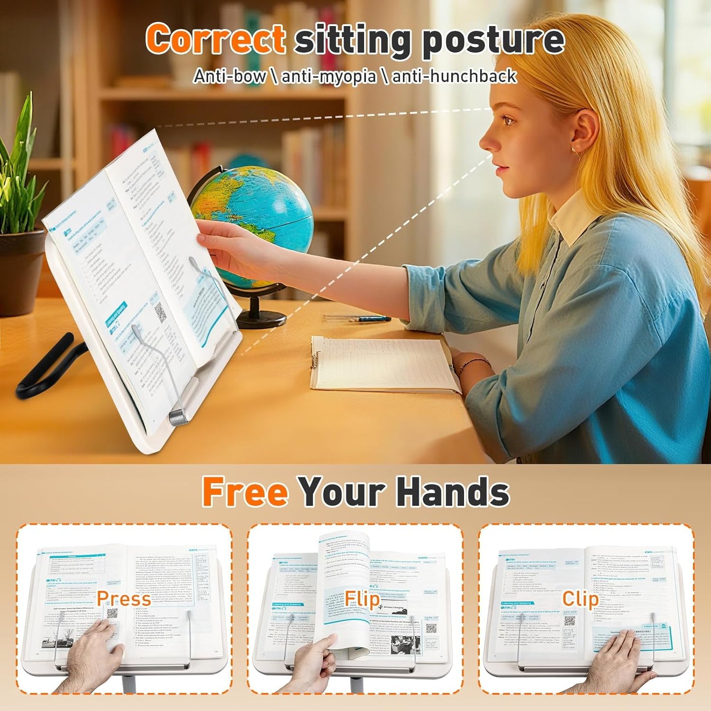 Floor Standing Book Stand, Foldable Book Holder for Reading with Page Clips, 19"–51" Height Adjustable, Sturdy Podium Stand for Reading, Bible, Laptop, Cookbooks, or Projector