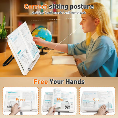 Floor Standing Book Stand, Foldable Book Holder for Reading with Page Clips, 19"–51" Height Adjustable, Sturdy Podium Stand for Reading, Bible, Laptop, Cookbooks, or Projector
