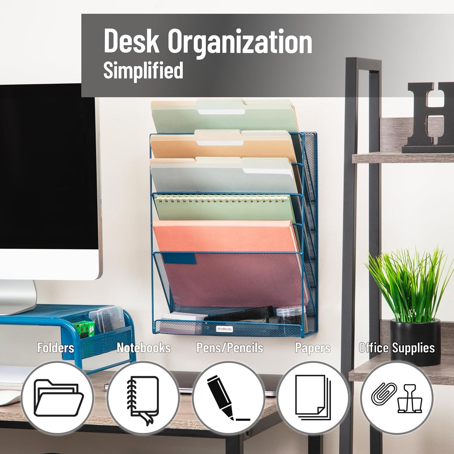 Mind Reader 5-Pocket Vertical File Storage, Desktop Organizer, Wall Mount, Office, Metal Mesh, Pink