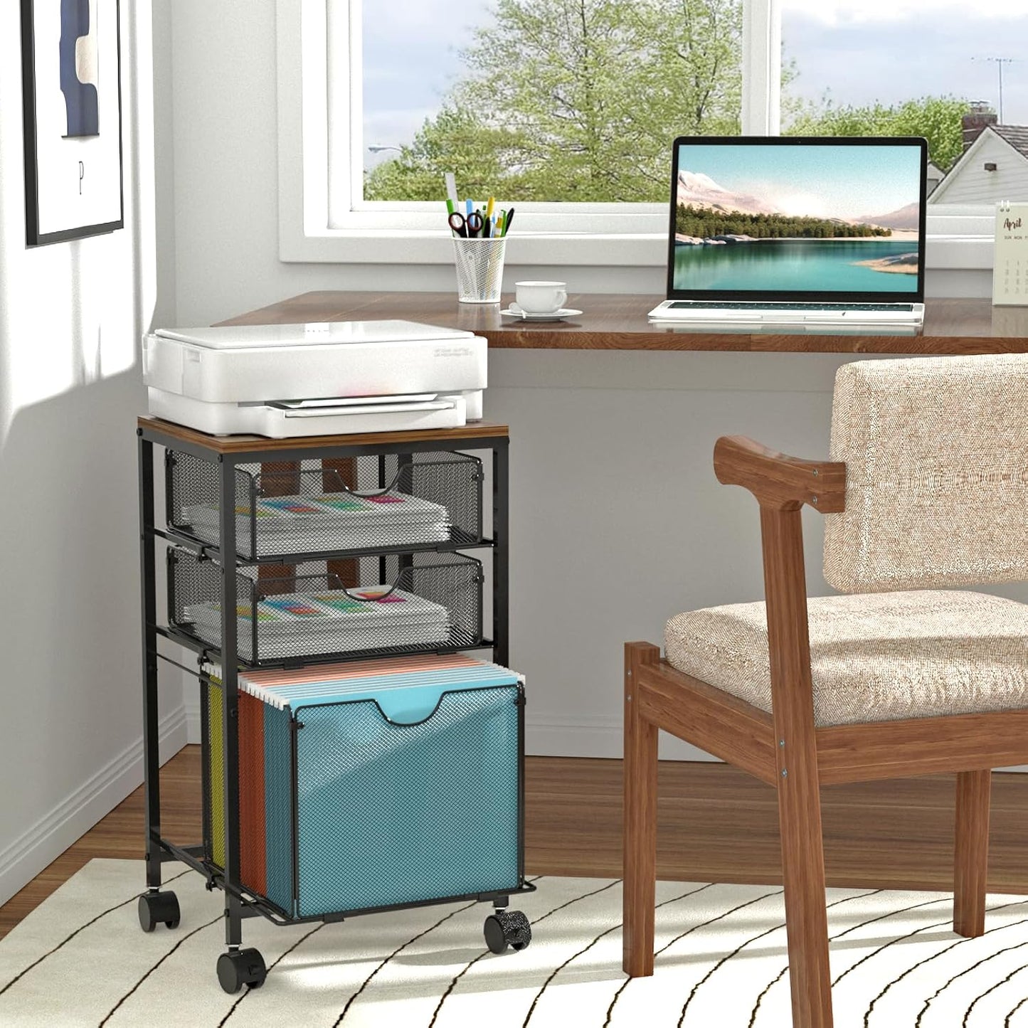 BOHDK Rolling File Cart with 3 Storage Drawers, Wood & Mesh Hanging File Folder Organizer with Wheels Under Desk, File Cabinets for Home Office, 11.81" D x 14.8" W x 25.39" H, White