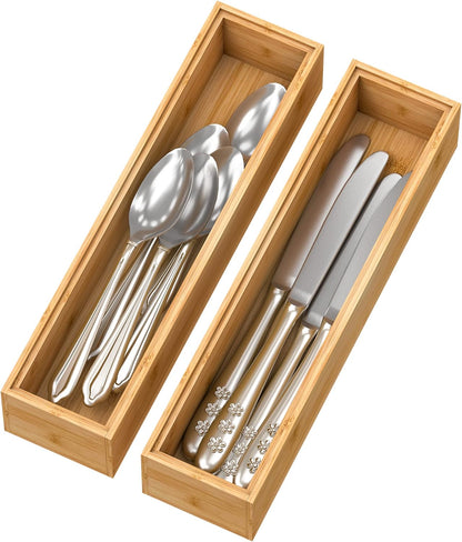Bamboo Kitchen Drawer Organizer,Stackable Silverware Tray Utensil Organizer Cutlery Holder for Kitchen,Wooden Storage Box for Bathroom, Multi-Use Drawer Organizer for Office,Makeup(12x6x2.5 inch）