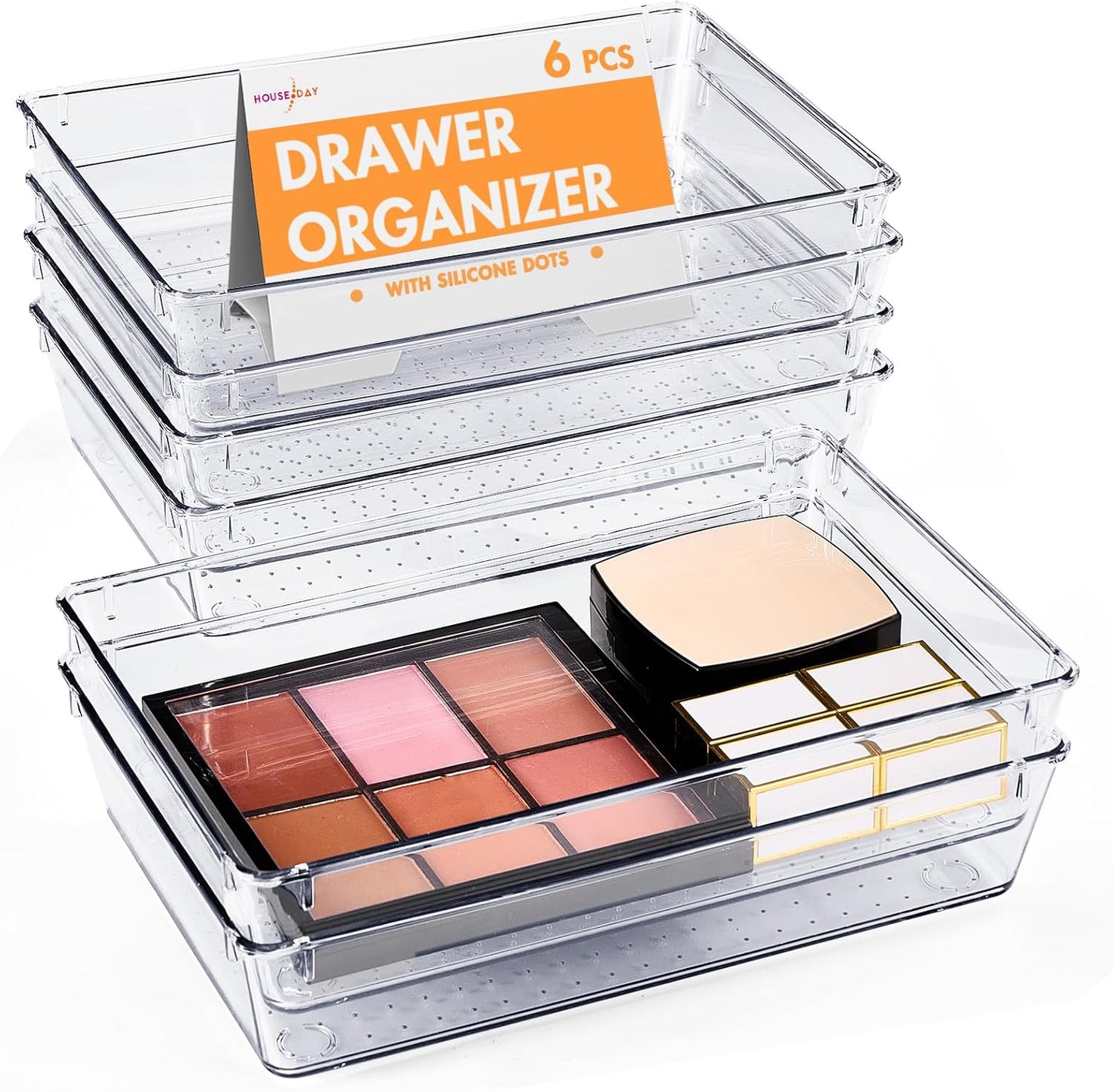 HOUSE DAY Makeup Drawer Organizer Trays 24 PCS, 4-Size Clear Drawer Organizers with Silicone Pads, Vanity Organizers and Storage, Non Slip Plastic Drawer Organizer for Desk, Bathroom, Kitchen, Office