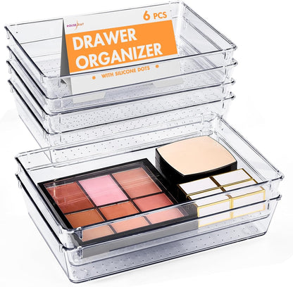 HOUSE DAY Makeup Drawer Organizer Trays 24 PCS, 4-Size Clear Drawer Organizers with Silicone Pads, Vanity Organizers and Storage, Non Slip Plastic Drawer Organizer for Desk, Bathroom, Kitchen, Office