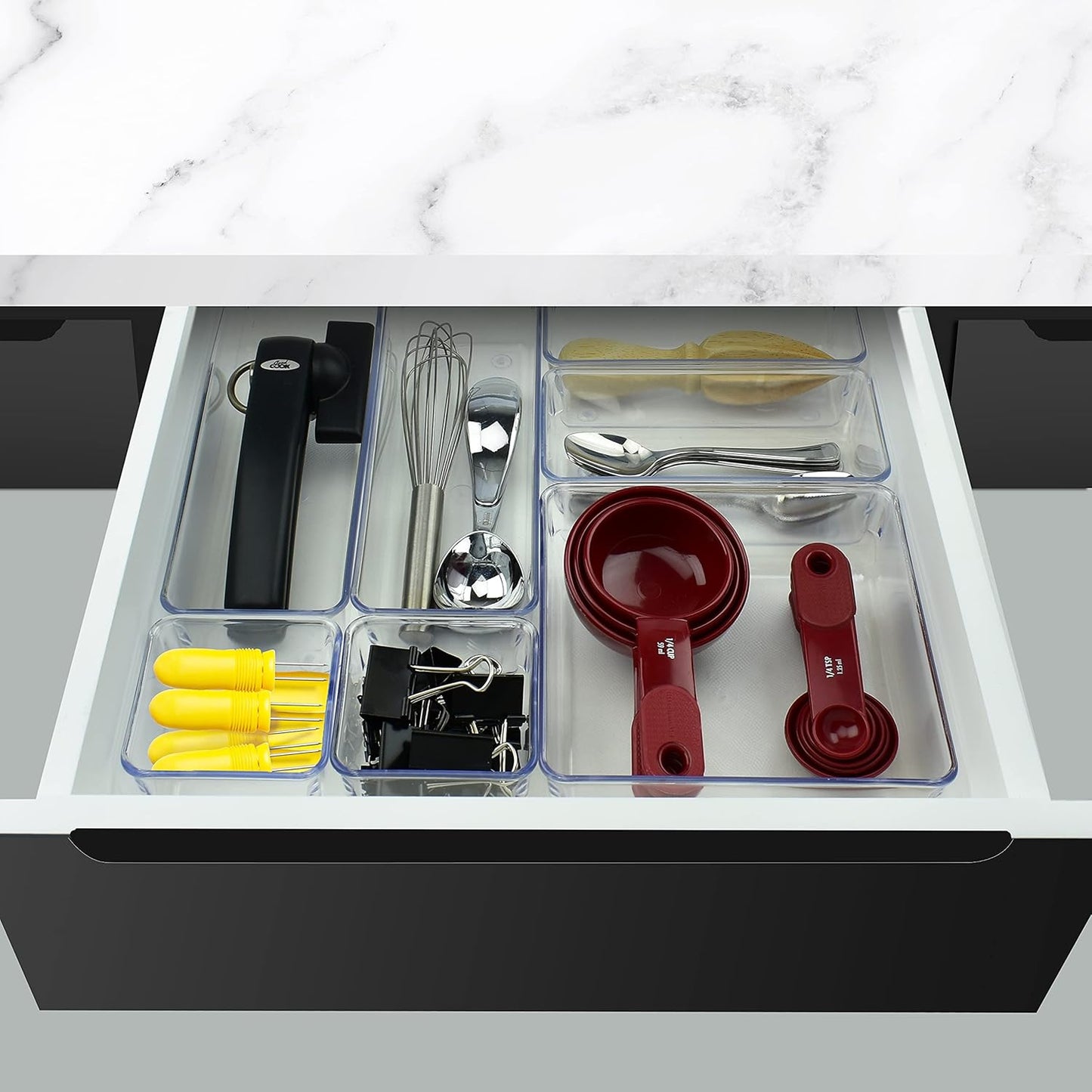 Acrimet 7 Pack Drawer Organizer Modular, Box Tray Storage Bins for Office, Home, Makeup, Kitchen, Junk Drawer (7 Units - 4 Sizes) (Clear Crystal Plastic)