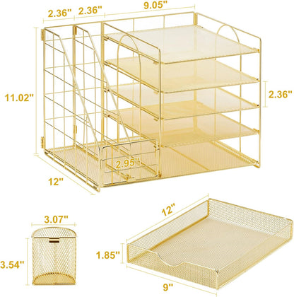 Marbrasse Desk Organizer with File Holder, 5-Tier Paper Letter Tray Organizer with Drawer and 2 Pen Holder, Mesh Desktop Organizer and Storage with Magazine Holder for Office Supplies(Black)