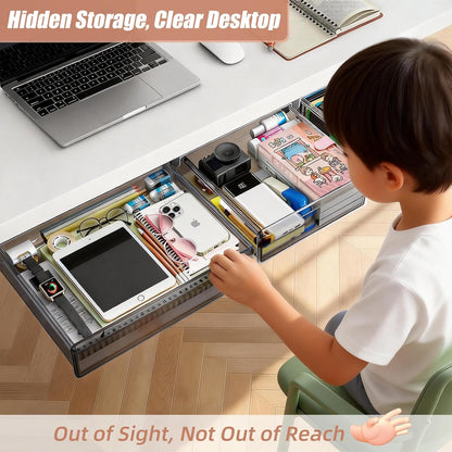TooCust 3 Pack Under Desk Drawer Slide Out Storage Organizer, Clear White 3 Sizes (S/M/L), Dual-Mount Hidden Table Tray for Tablets, Planners & Office Supplies