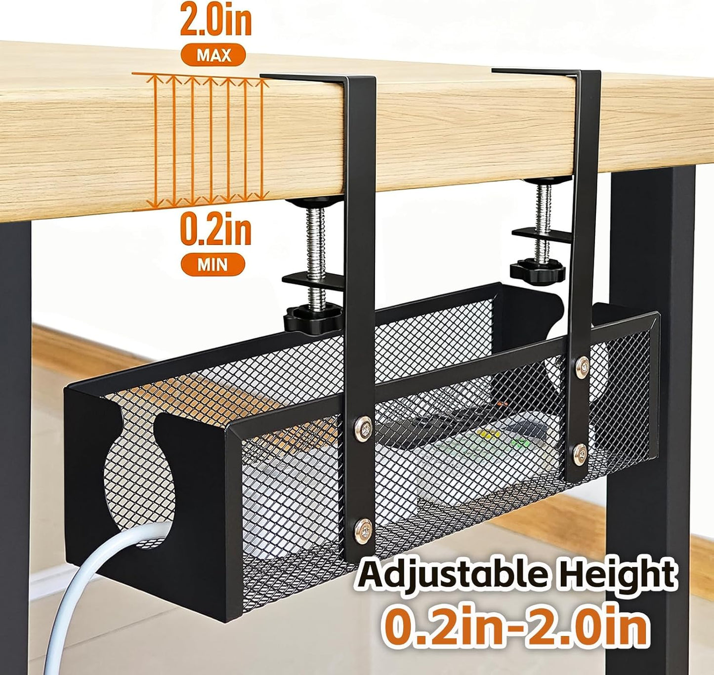 Under Desk Cable Management Tray – No Drill Metal Mesh Cord Organizer for Home Office & Standing, Adjustable Wire Organizer, Space-Saving Desk Tray (Black)
