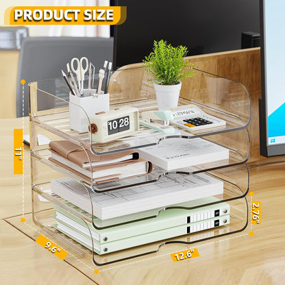 HIYOHIYO Office Acrylic Clear A4 Paper Organizer for Desk, Stackable Office Desk Paper Organizer, Large Capacity Desktop Papers Tray Holder, Organizer for A4 File Folder, 4 Tier Vertical Style