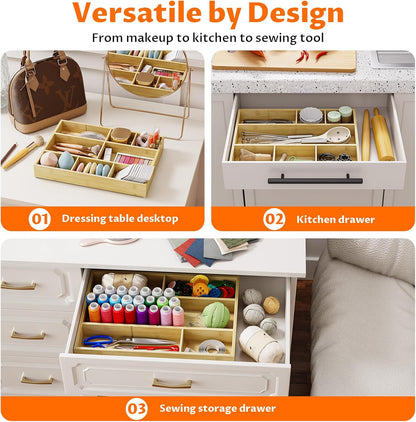 Bamboo Drawer Organizer with 9 Adjustable Compartments, Office Desk Organization Tray for Office Utensils, Supplies, Makeup, Jewelry, and More – Ideal for Desk or Drawer Storage
