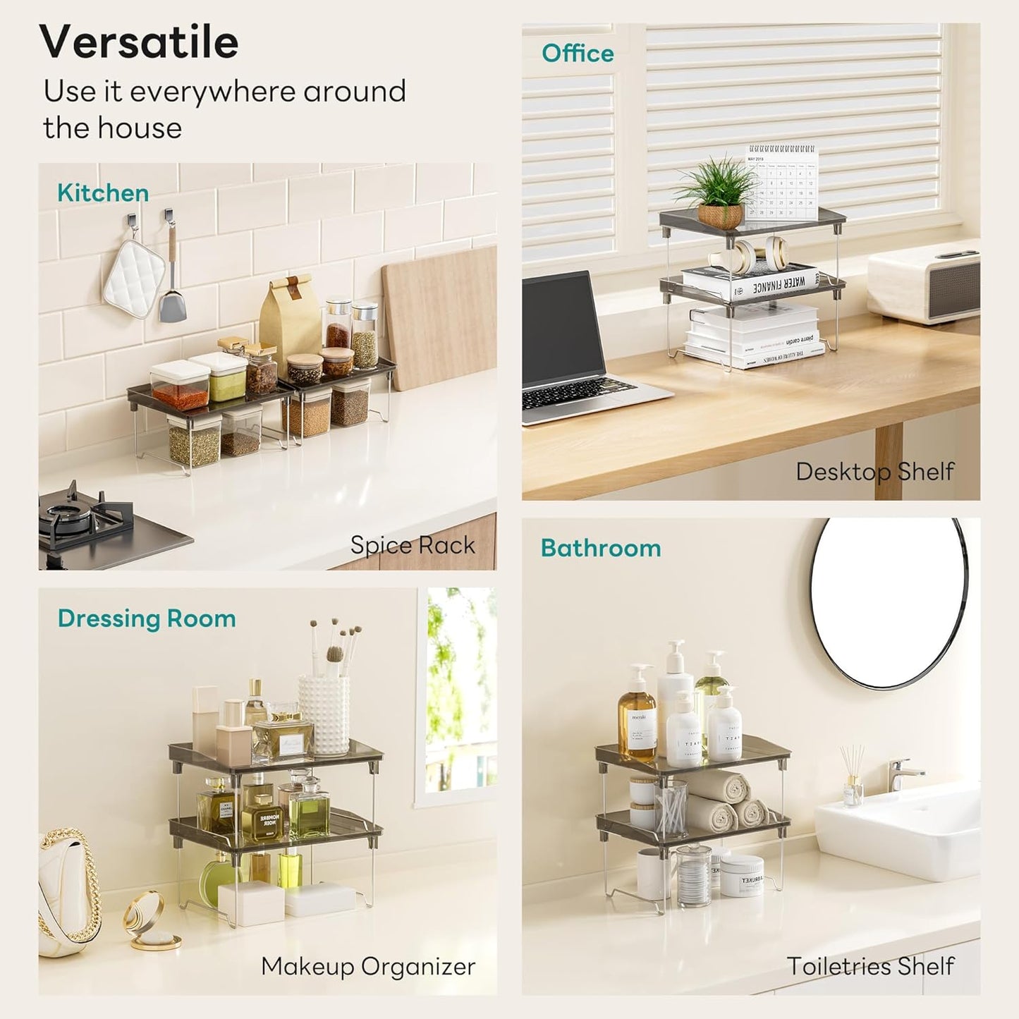 STARLATTA 2 Pcs Cabinet Organizer Shelf, Stackable Kitchen Counter Shelves, Spice Rack,Countertop Organizers, Clear Plastic Storage Shelves Rack for Makeup,Bathroom,Cupboard,Desk,Pantry Organization