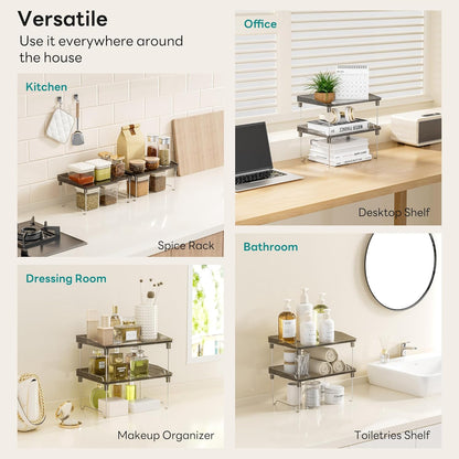 STARLATTA 2 Pcs Cabinet Organizer Shelf, Stackable Kitchen Counter Shelves, Spice Rack,Countertop Organizers, Clear Plastic Storage Shelves Rack for Makeup,Bathroom,Cupboard,Desk,Pantry Organization