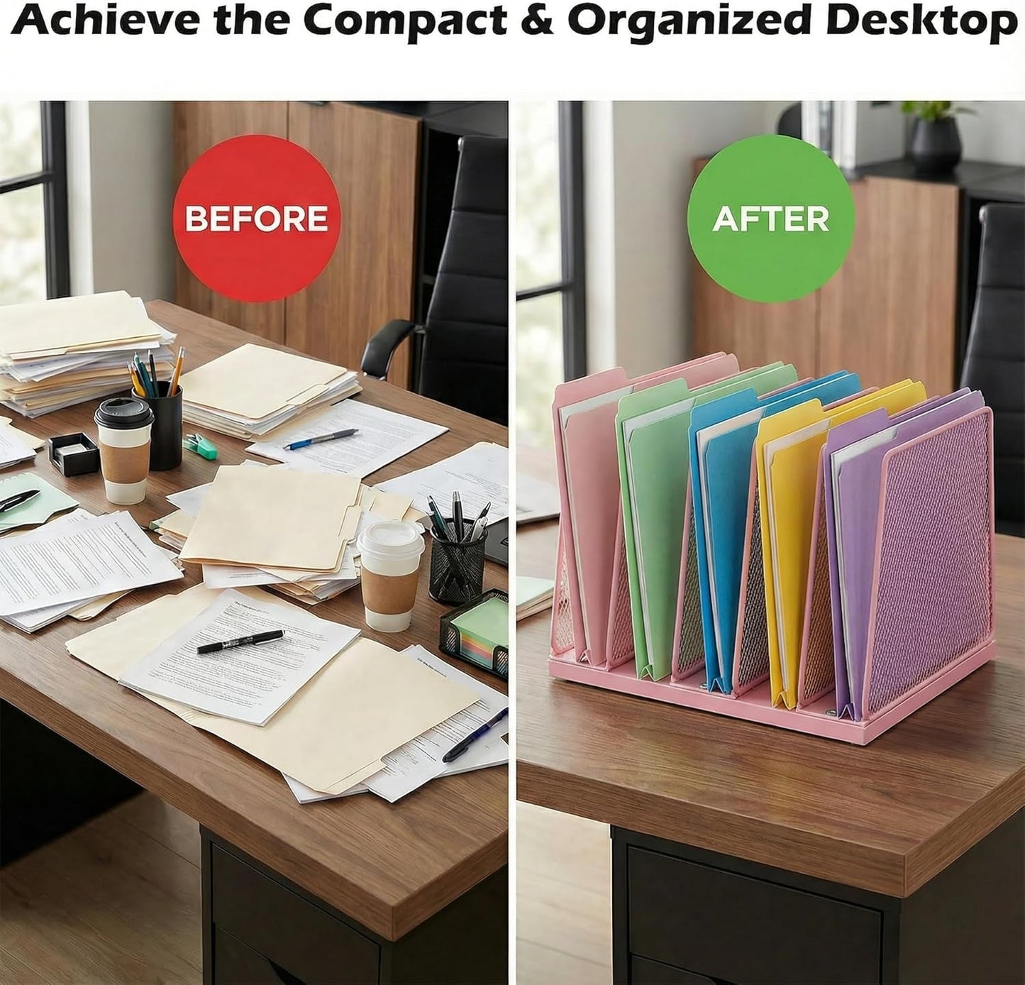 AUPSEN 5-Section Gold File Organizer for Desk, Wood Mesh Desktop File Organizer, File Sorter Storage Rack, Vertical Folder Holder for Files, Magazines, Books (Gold)