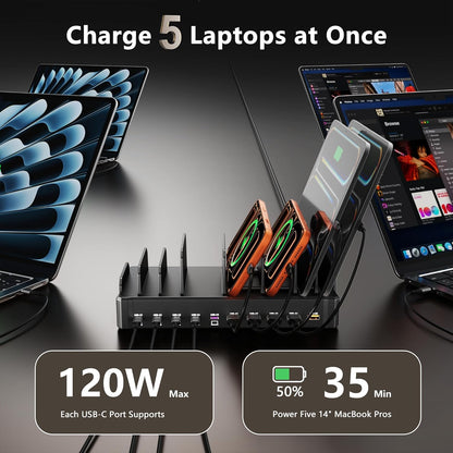 750W Charging Station for Multiple Devices, Zobirez 10-Port Fast Charger, 5 USB-C 120W Each and 5 USB-A 30W Each, Desktop Charging Hub for Laptop Phone Tablet, Black