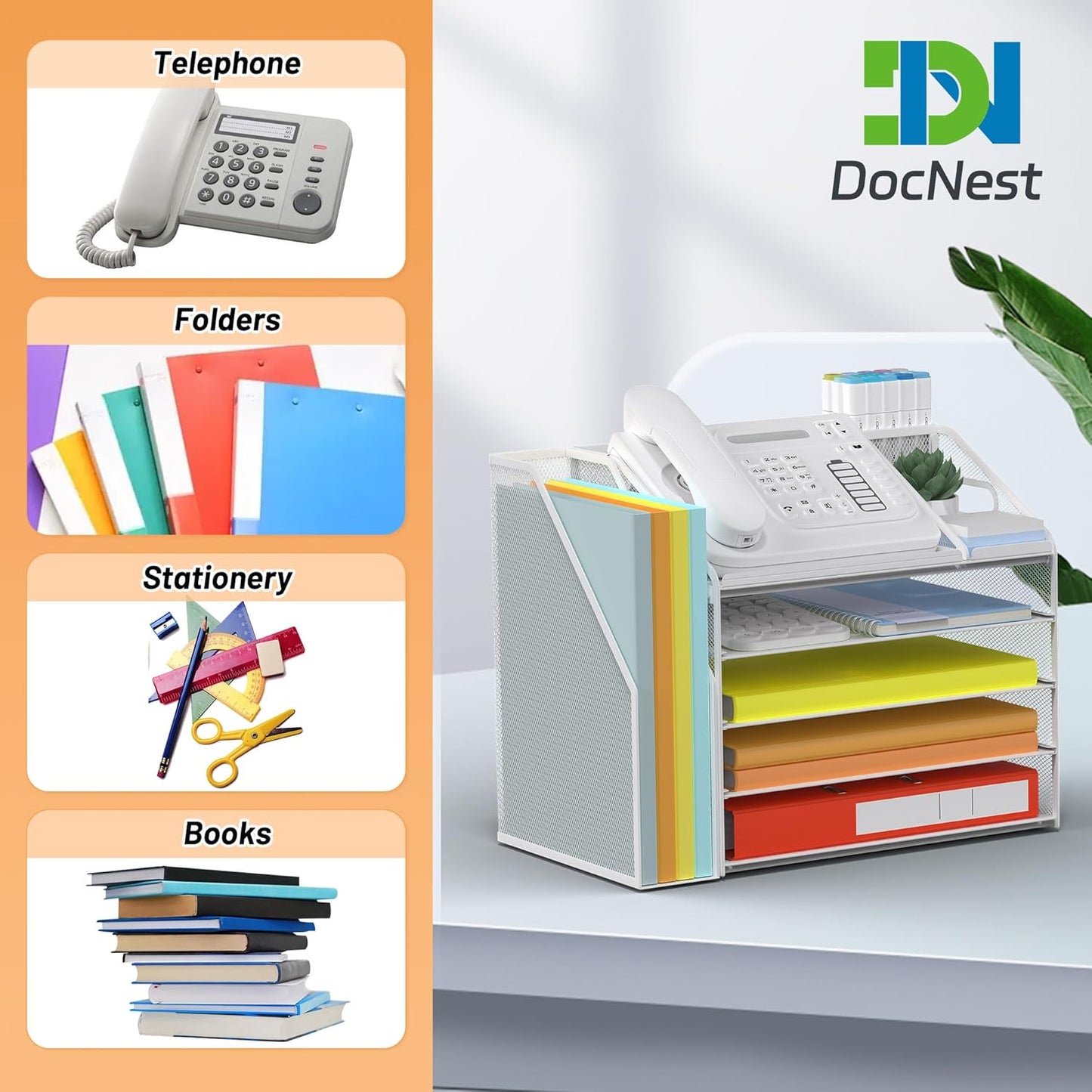 DocNest 4 Tier Metal Mesh Letter Tray - Space Saving Desk File Organizer with Handle, Pen Holder & Folder Holder - Desktop Document Sorter for Office, Home, School, Classroom - Black