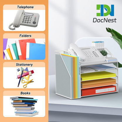 DocNest 4 Tier Metal Mesh Letter Tray - Space Saving Desk File Organizer with Handle, Pen Holder & Folder Holder - Desktop Document Sorter for Office, Home, School, Classroom - Black