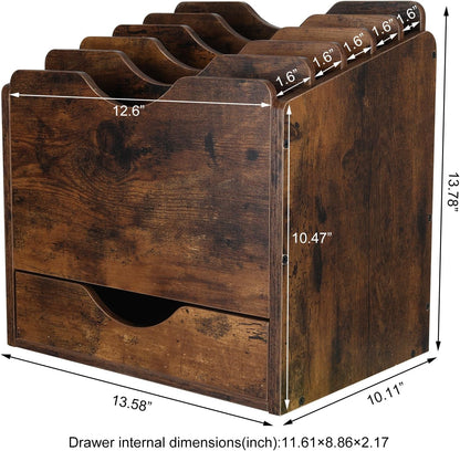 PAG Wood Desktop File Holder Organizer Mail Sorter with Drawer, for File Folders, Mails, Envelopes, Mailing Supplies or Magazines, 6 Compartments, Antique Brown