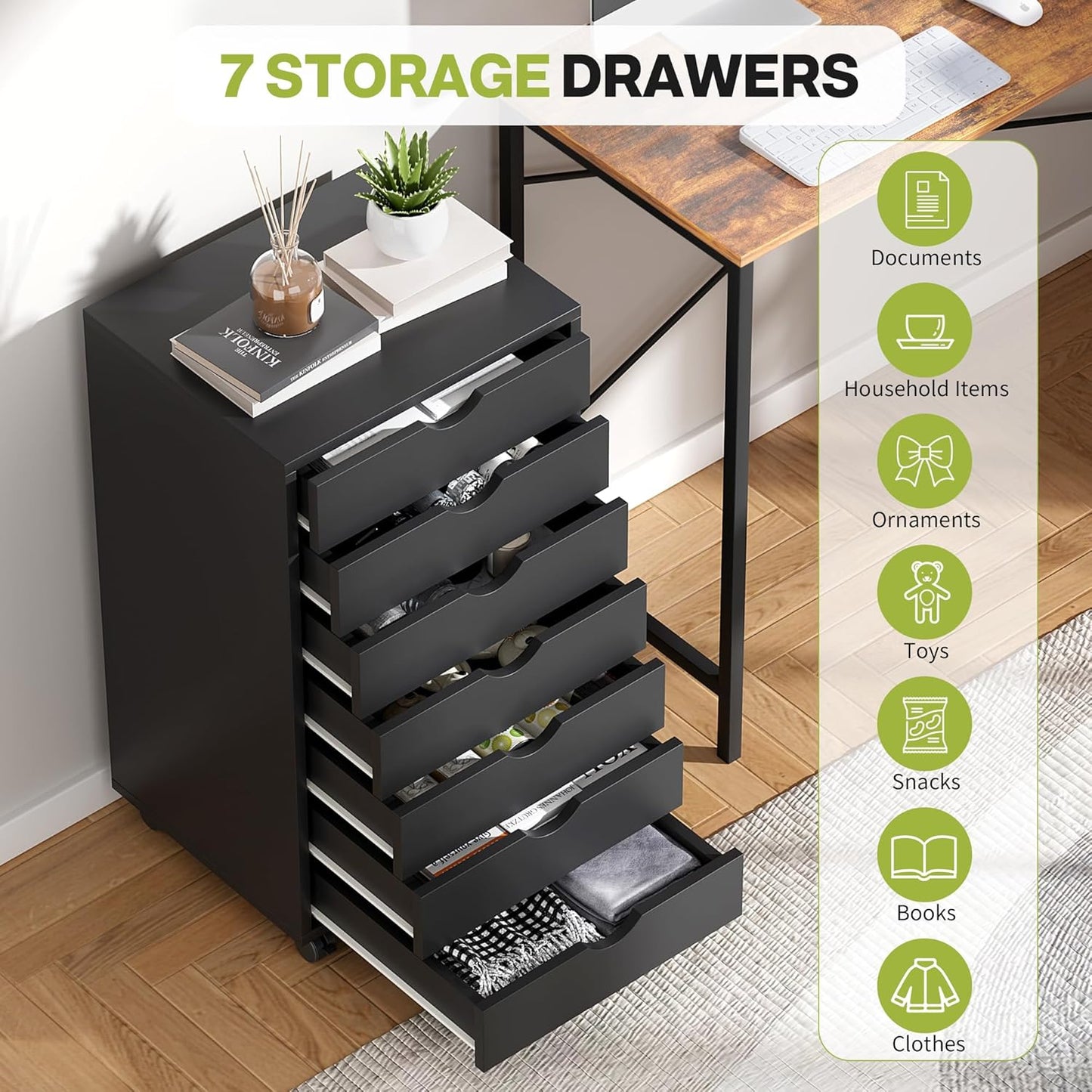 5 Drawer Mobile File Cabinet Under Desk Storage Organization with Wheels Vertical Filing Chest Rolling Wood Small Desk Printer Stand for Home Office, White