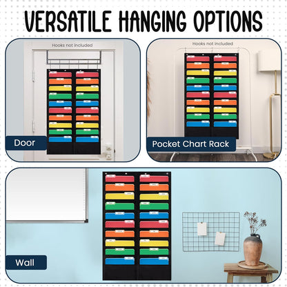 Essex Wares - 7 Pocket File Pocket Chart, Black, Tall - Versatile Wall Hanging File Folder Organizer for Classroom, Office, Home, and More - Wall Folder Organizer - 7 Pockets