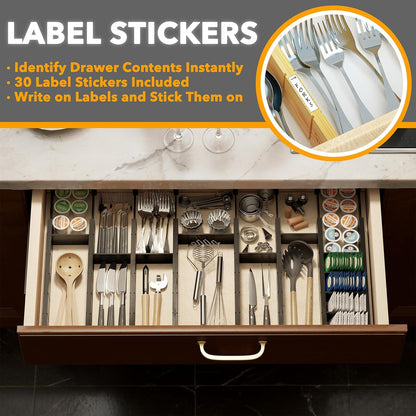 SpaceAid Bamboo Drawer Dividers with Inserts and Labels, Kitchen Adjustable Drawer Organizers, Expandable Organization for Home, Office, Dressers, 4 Dividers with 9 Inserts (17"-22" Natural)