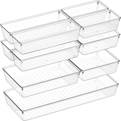 Criusia Drawer Organizer, 10 Pack Large Clear Plastic Set, 3 Size Versatile Bathroom and Vanity Organizer Trays, Storage Bins for Makeup, Bedroom, Kitchen Utensils