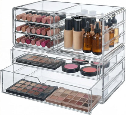 Acrylic Makeup Organizer with 6 Drawers, 11" Stackable Office Desk Organizer Accessories, Clear Bathroom Storage Drawers for Makeup Palettes, Cosmetics, Vanity, Art Craft Supplies