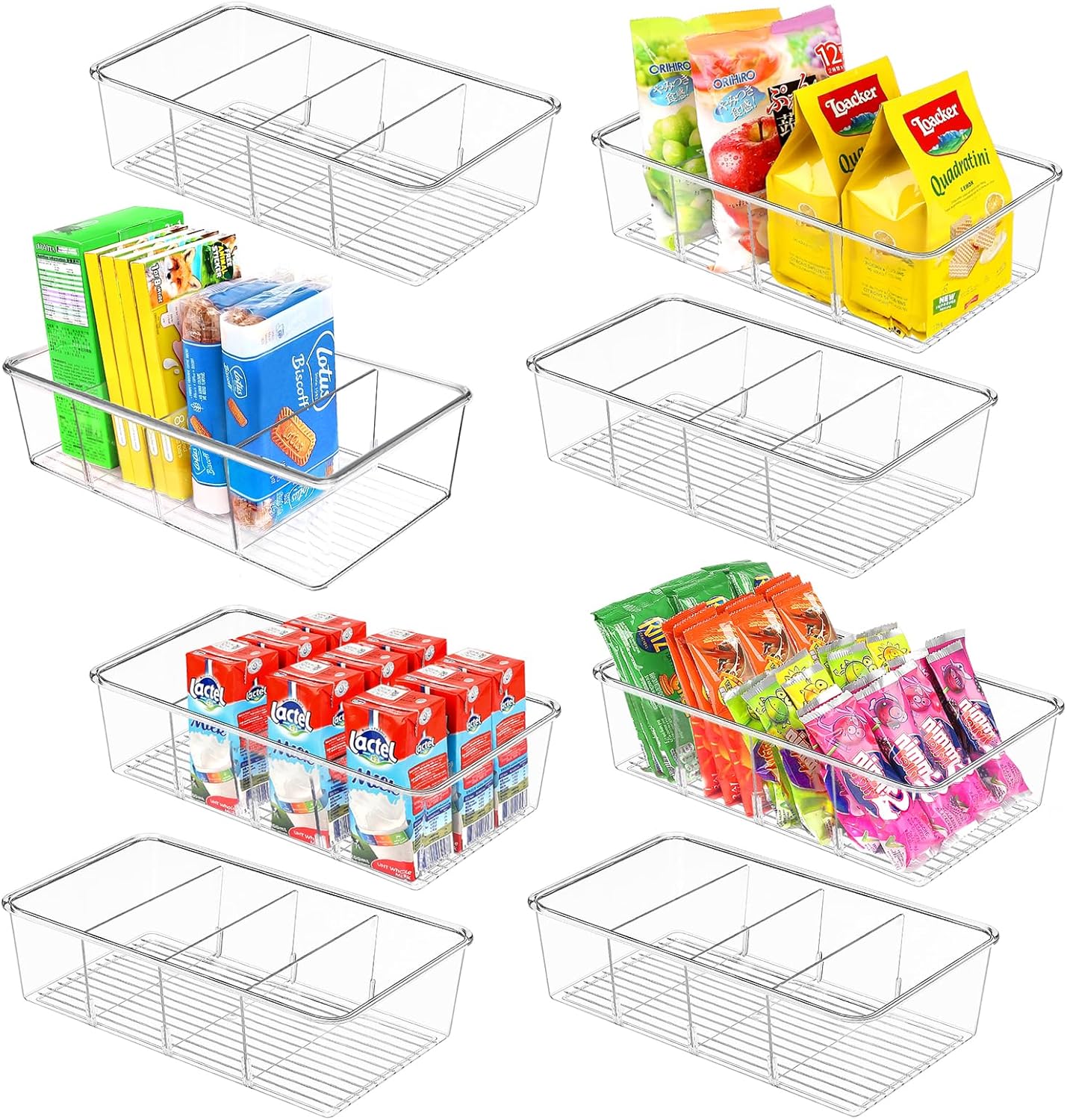 ZIZOTI Snack Organizer for Pantry Shelf, 6 Pack Clear Plastic Pantry Storage Bins with 3 Dividers for Snacks, Spices, Chips Food Organizer, Stackable Pantry Organizers for Kitchen, Fridge, Cabinet