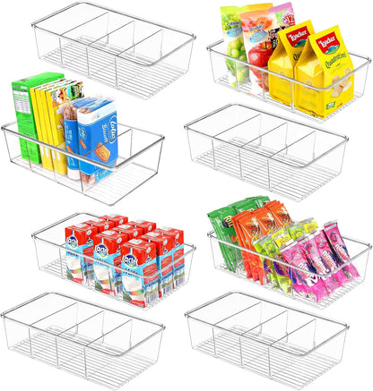 ZIZOTI Snack Organizer for Pantry Shelf, 6 Pack Clear Plastic Pantry Storage Bins with 3 Dividers for Snacks, Spices, Chips Food Organizer, Stackable Pantry Organizers for Kitchen, Fridge, Cabinet