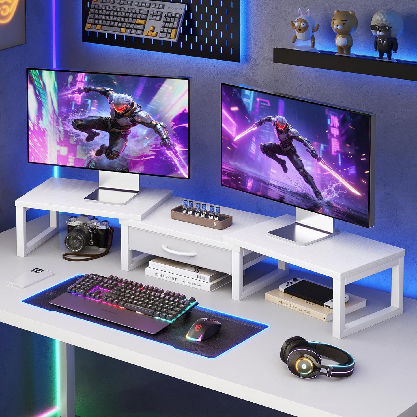 Dual Monitor Stand Riser, Desk Organizers and Accessories with Drawer, Computer Monitor Stands for Desk, Adjustable Desktop Shelf for PC Laptop Printer TV, Black