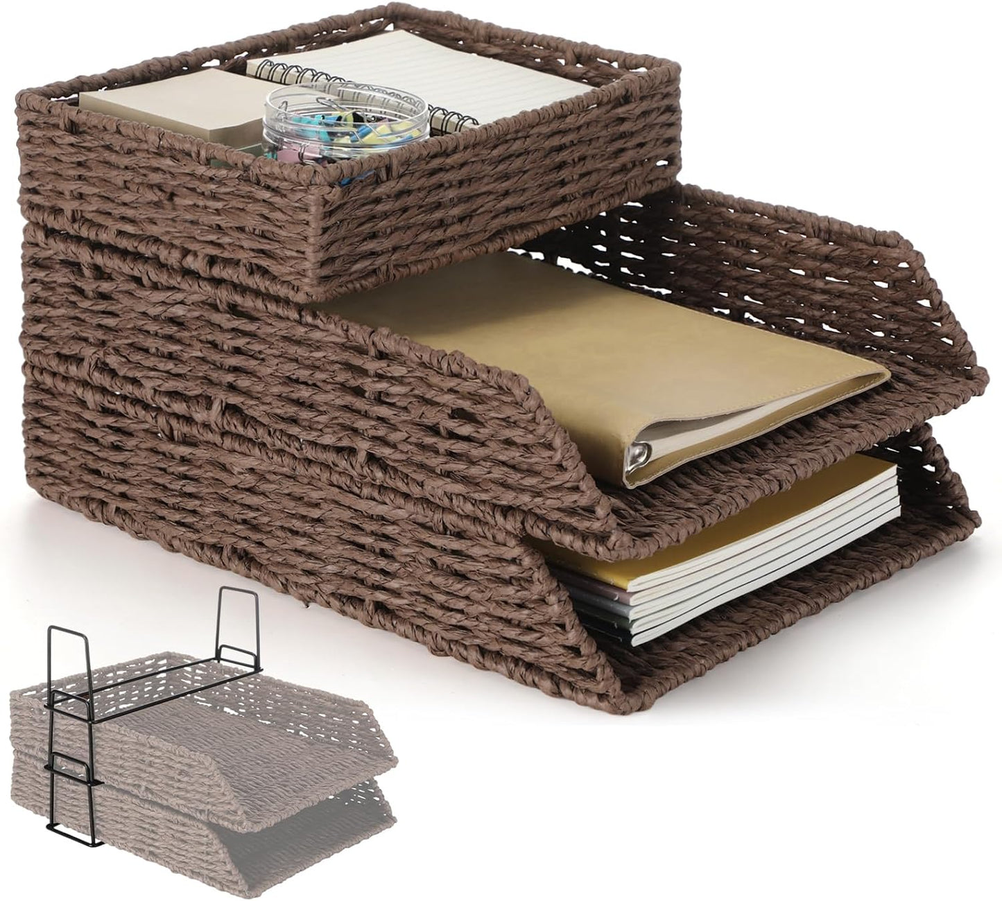 Geelin 3 Pack Water Hyacinth Woven Stackable Desk Organizer Letter Tray, Brown Tabletop Desk Basket for Storage Paper Letter Folders Notebooks Copy Print, Workspace Holder