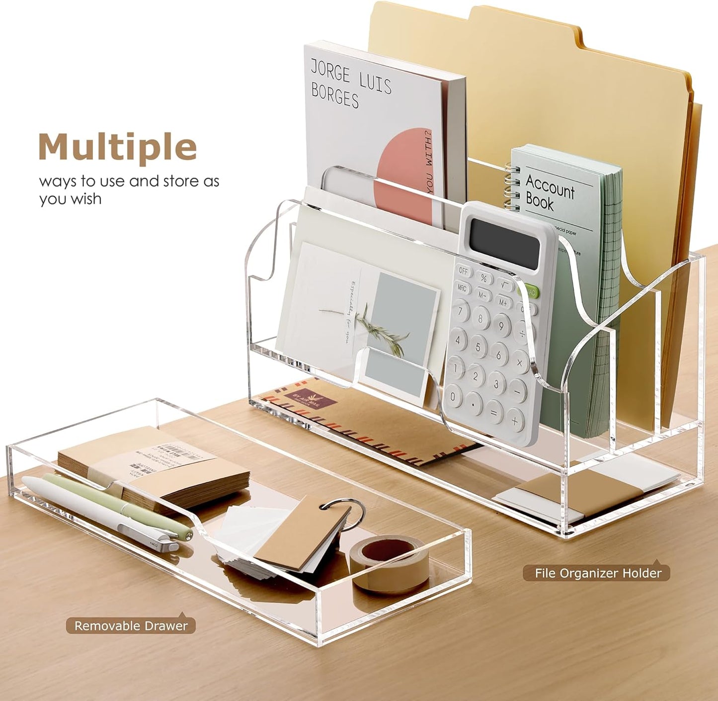 SANRUI Clear Desk Organizer Holder with Drawers, Acrylic Desktop Manila folders File Mail Sorter Box, Office Desk Accessories & Workspace Envelope Bill Letter Organization Racks, 3 Compartments