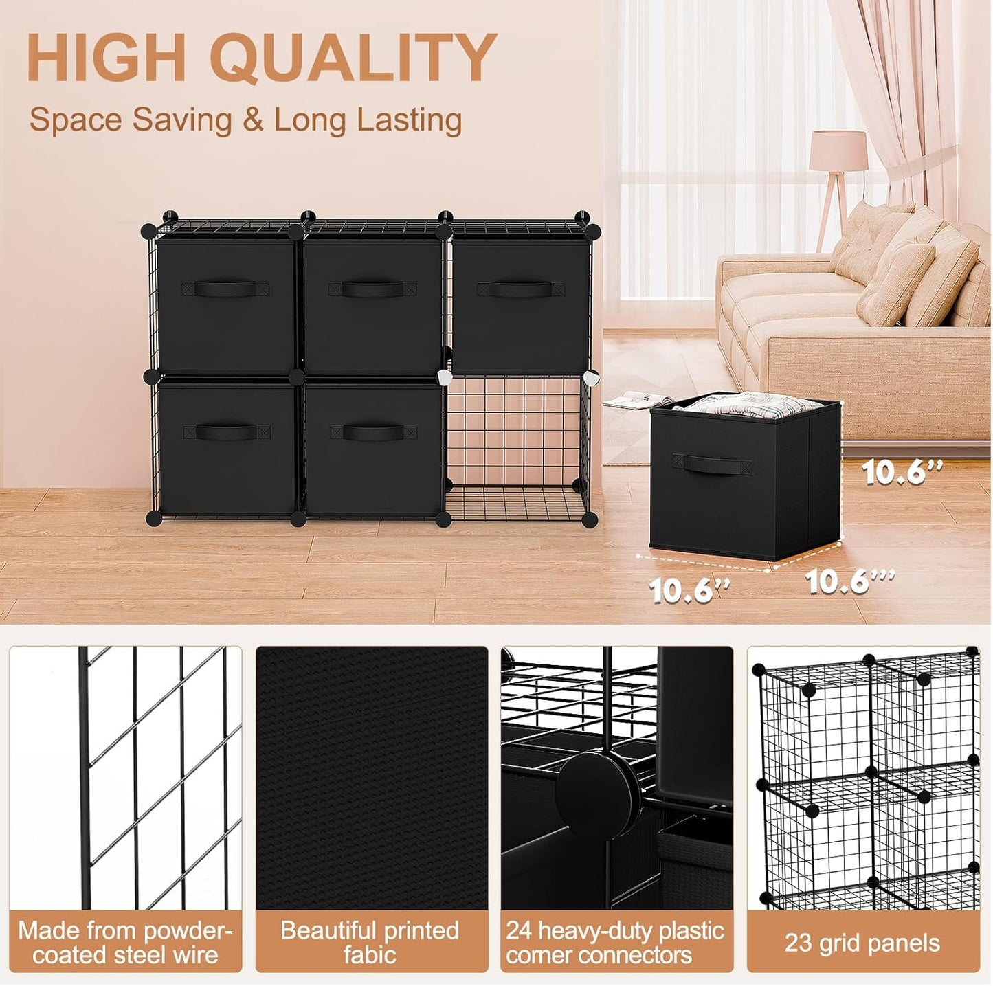 Leinuosen 6 Cube Storage Organizer with Fabric Bins, Wire Grid Stackable Shelves, Modular Storage Units for Bedroom Living Room Office Toys Book Craft(Black,Gray)