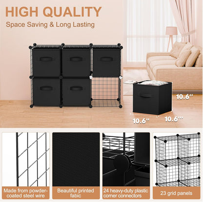 Leinuosen 6 Cube Storage Organizer with Fabric Bins, Wire Grid Stackable Shelves, Modular Storage Units for Bedroom Living Room Office Toys Book Craft(Black,Gray)
