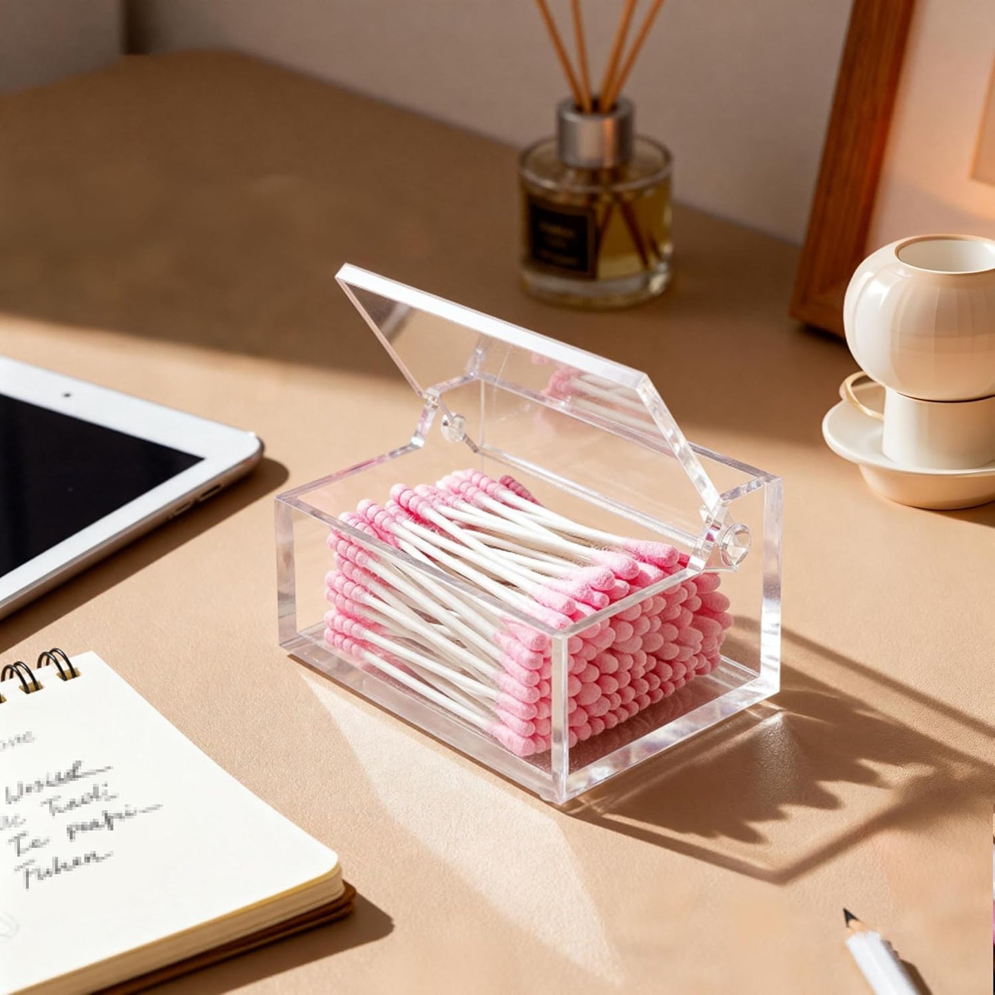 Clear Acrylic Cotton Swab Ball Holder Qtip Organizer with Lid 2-Grid Canister for Make Up Pads, Floss Picks, Vanity Storage,Bath Salts, Cosmetics, Home Bathroom Decor (DP004)