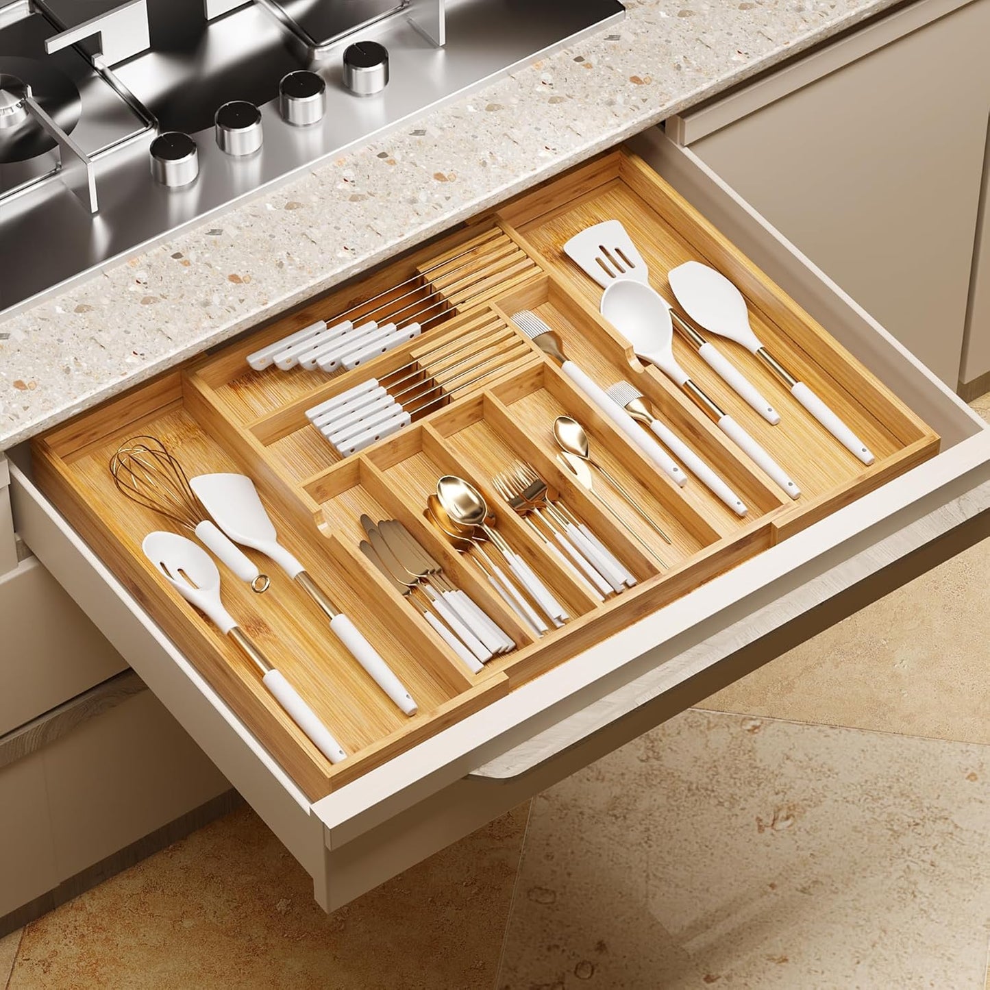 BAMEOS drawer organizer flatware organizer cutlery tray silverware organizer expandable adjustable bamboo drawer organizer kitchen bathroom