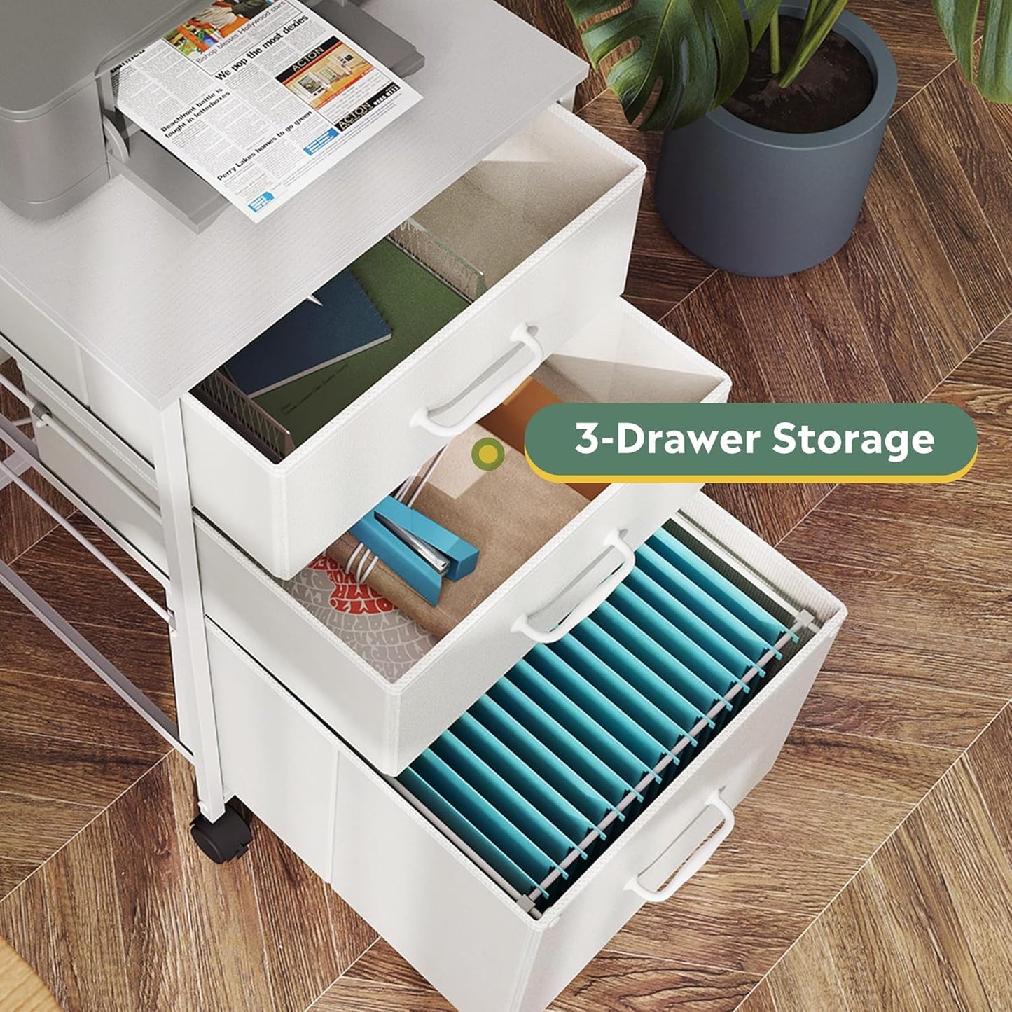 DEVAISE Mobile File Cabinet, Rolling Printer Stand with 3 Drawers, Fabric Vertical Filing Cabinet fits A4 or Letter Size for Home Office, Black