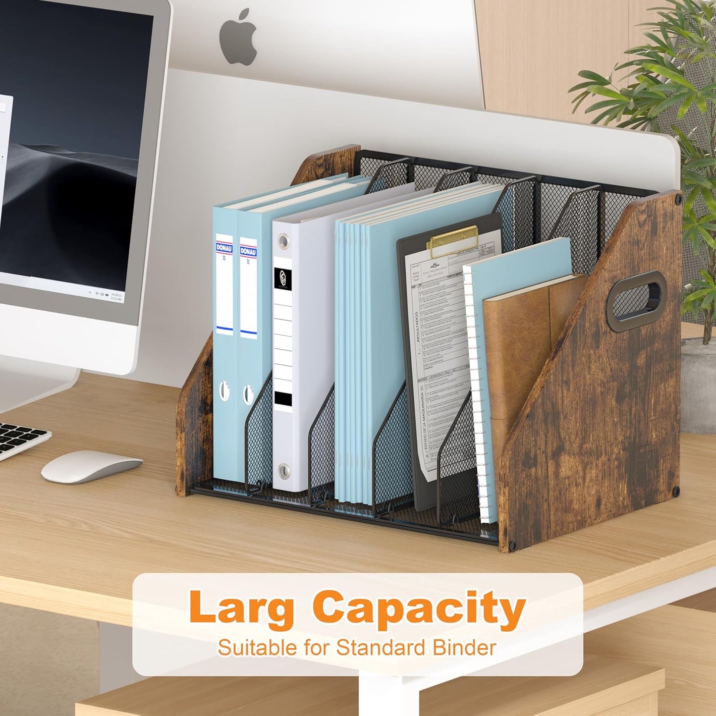 Piskyet Binder Organizer for Desk,Wooden Desk Magazine File Holder with 5 Vertical Compartments Rack File Organizer for Teacher Office Desktop,Home Workspace