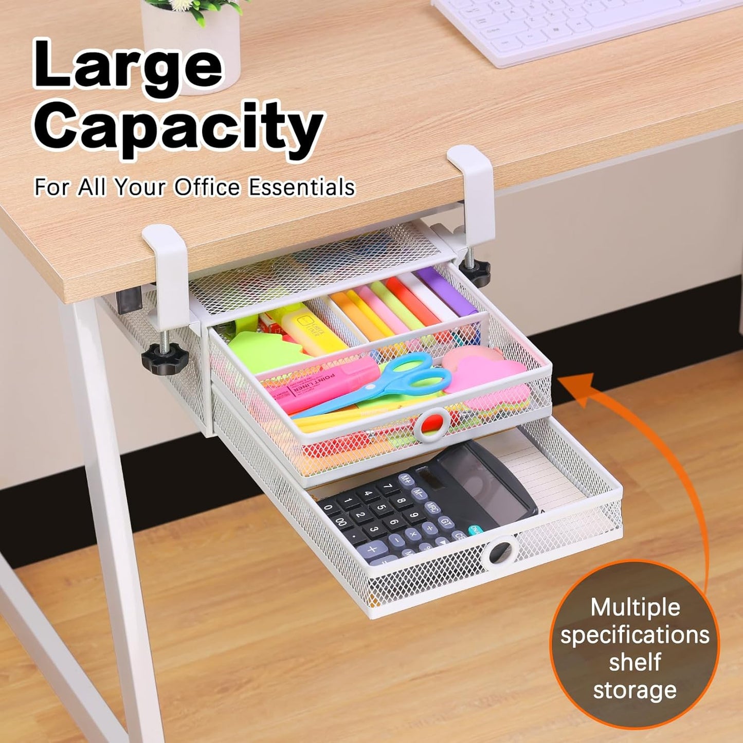 ROSYLINE Under Desk & Desktop Drawer Organizer - 2-Tier Metal Slide Out Drawers Organizer, Storage for Home Office Desk (Black)