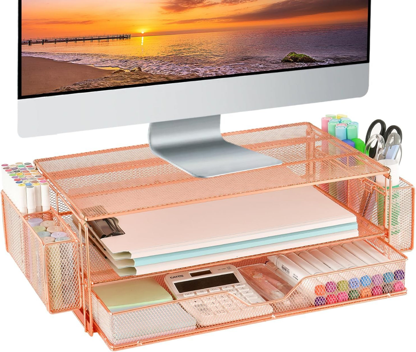 AUPSEN Wood Desk Organizers and Accessories, 2-Tier Computer Monitor Stand Riser with Drawer, Pen Storage & Phone Holder, Office Desk Accessories, Workspace Desktop Organization for Office Supplies（Brown）