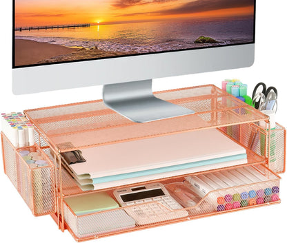 AUPSEN Wood Desk Organizers and Accessories, 2-Tier Computer Monitor Stand Riser with Drawer, Pen Storage & Phone Holder, Office Desk Accessories, Workspace Desktop Organization for Office Supplies（Brown）