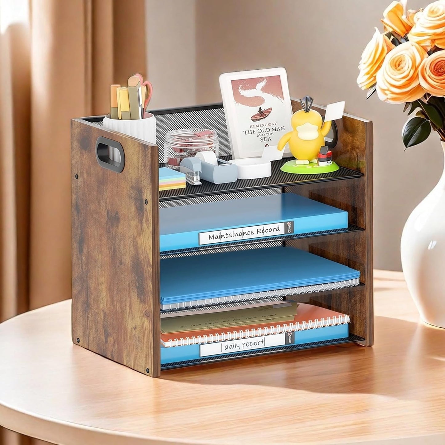 Wood Desk Organizer - 3-Tier Desktop File Organizer with Drawer, Wooden Paper Tray, Office Desk Organzier and Accessories for Papers, Mail, Notebooks, Stationery