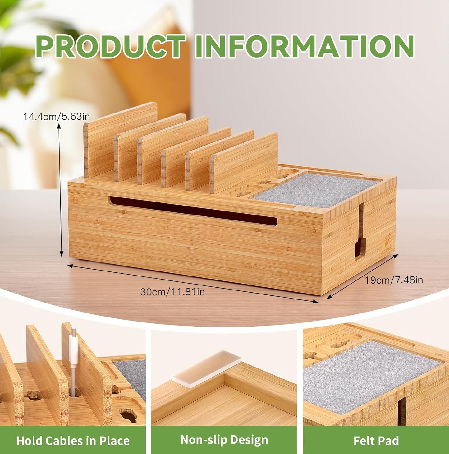 Pezin & Hulin Bamboo Charging Station for Multiple Devices, USB Charger Dock Organizer, with Power Supply (10 Ports HUB), 6 Cables, Cable Management Organizer for Cell Phones, Tablets -Natural+White