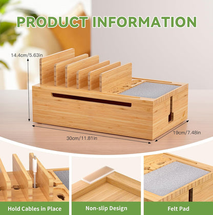 Pezin & Hulin Bamboo Charging Station for Multiple Devices, USB Charger Dock Organizer, with Power Supply (10 Ports HUB), 6 Cables, Cable Management Organizer for Cell Phones, Tablets -Natural+White