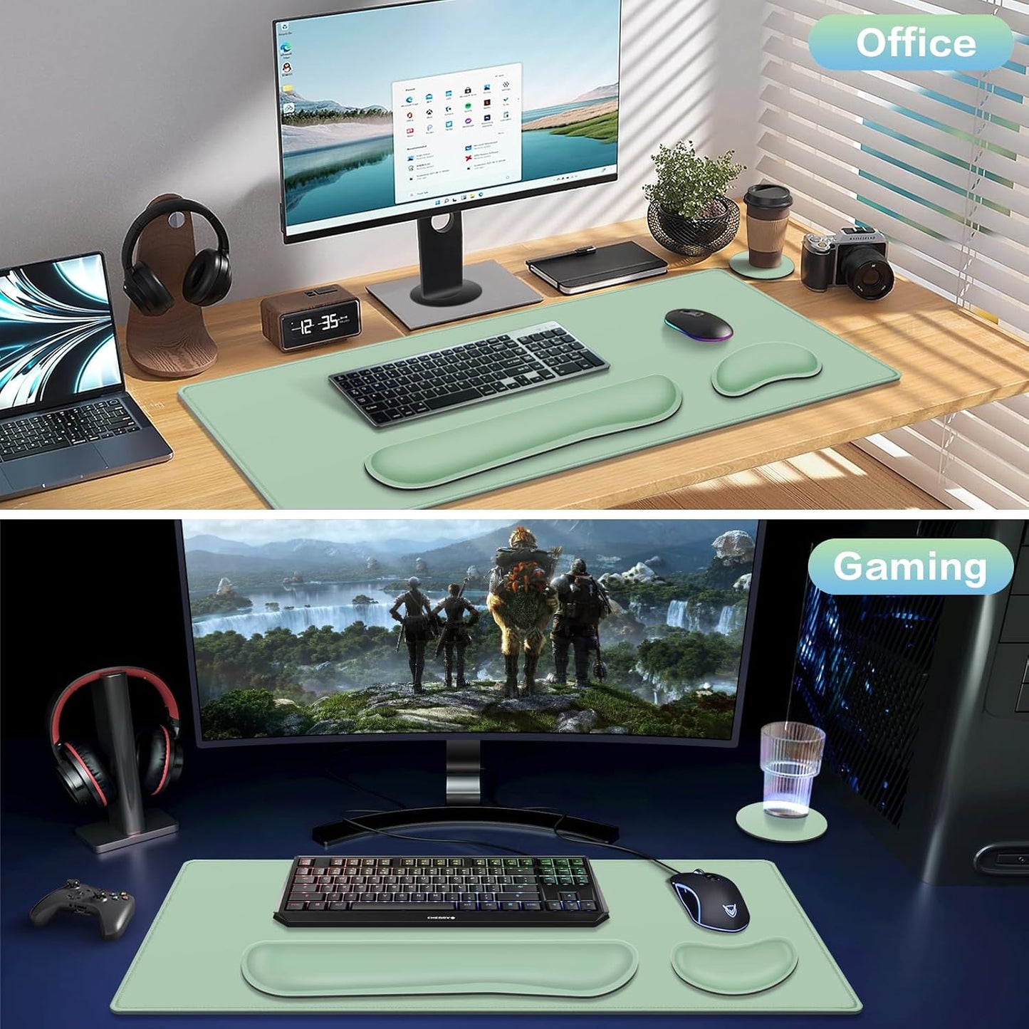 Desk Mat, Large Gaming Mouse Pad with Wrist Rest, 4in1 XXL Mousepad+Keyboard Wrist Rest+Mouse Pad Wrist Support+Cup Coaster Set Ergonomic Floral Computer Desk Arm Wrist for Decor Home Office Women