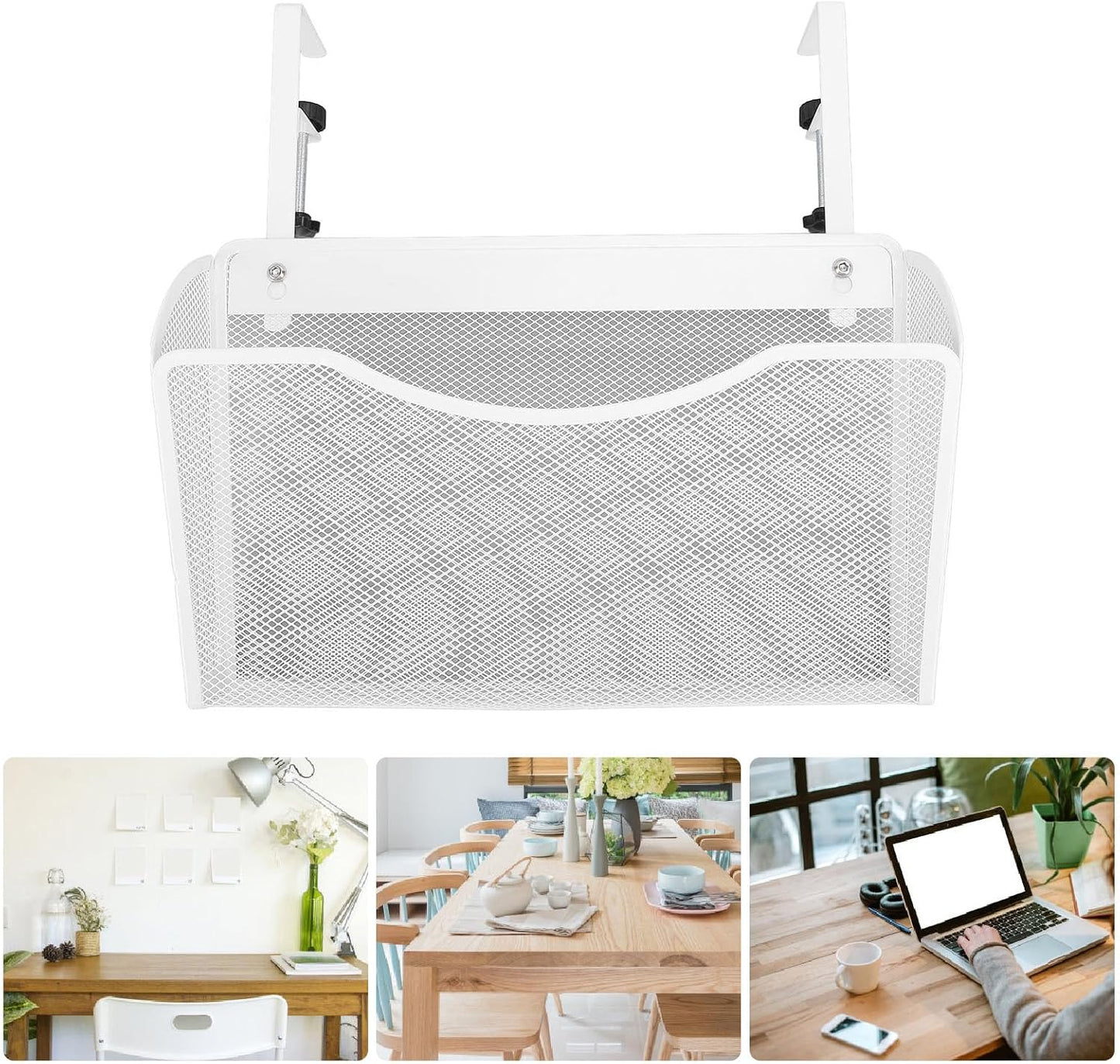Asixxsix Under Desk Drawer, Desk Side Storage, Hanging Desk Organizer, Clamp On Desk Organizer, Mesh Metal Desk Drawer, Side Desk Organizer for Office and Home (White)